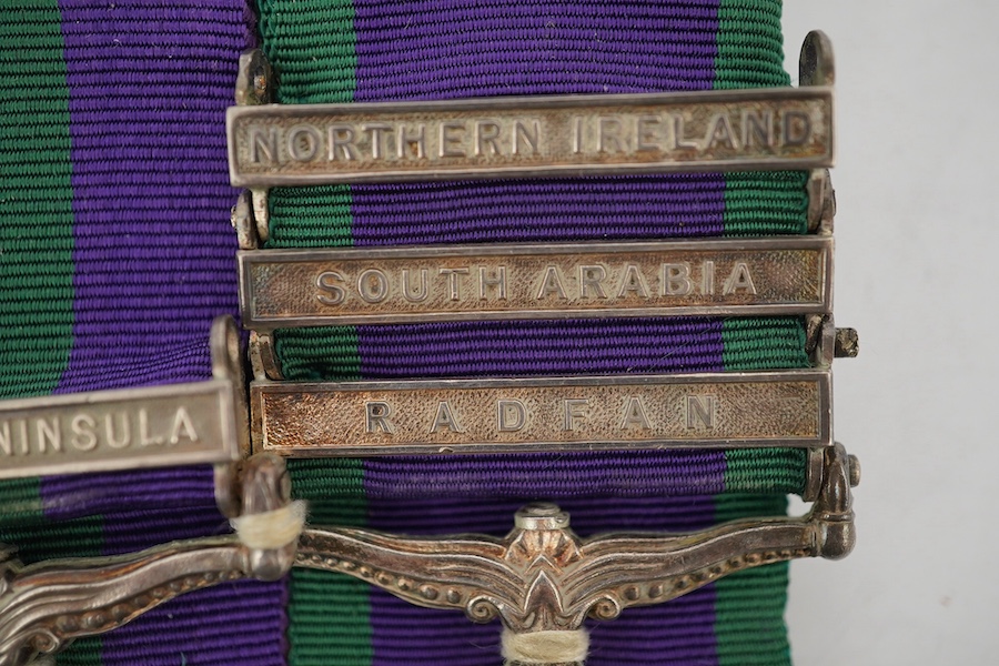 A QEII medal pair, both General Service Medals, awarded to P.K.R. Ross, one medal awarded whilst he was a Second Lieutenant in the Northamptonshire regiment with a clasp for Arabian Peninsula